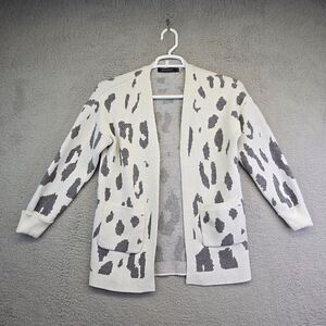Merokeety‎ Cardigan Sweater Women's S White Gray Open Knit Stretchy Animal Print